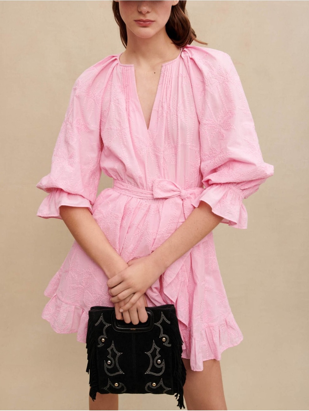 Maje Rybiza Pink Puff-Sleeve Wrap Mini Dress